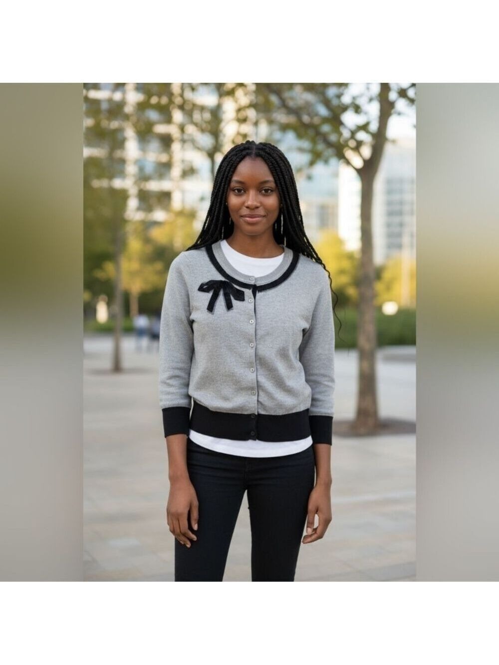 LOFT Women's Gray Cardigan with Black Trim 100% Pima Cotton,3/4 Sleeves Size XS